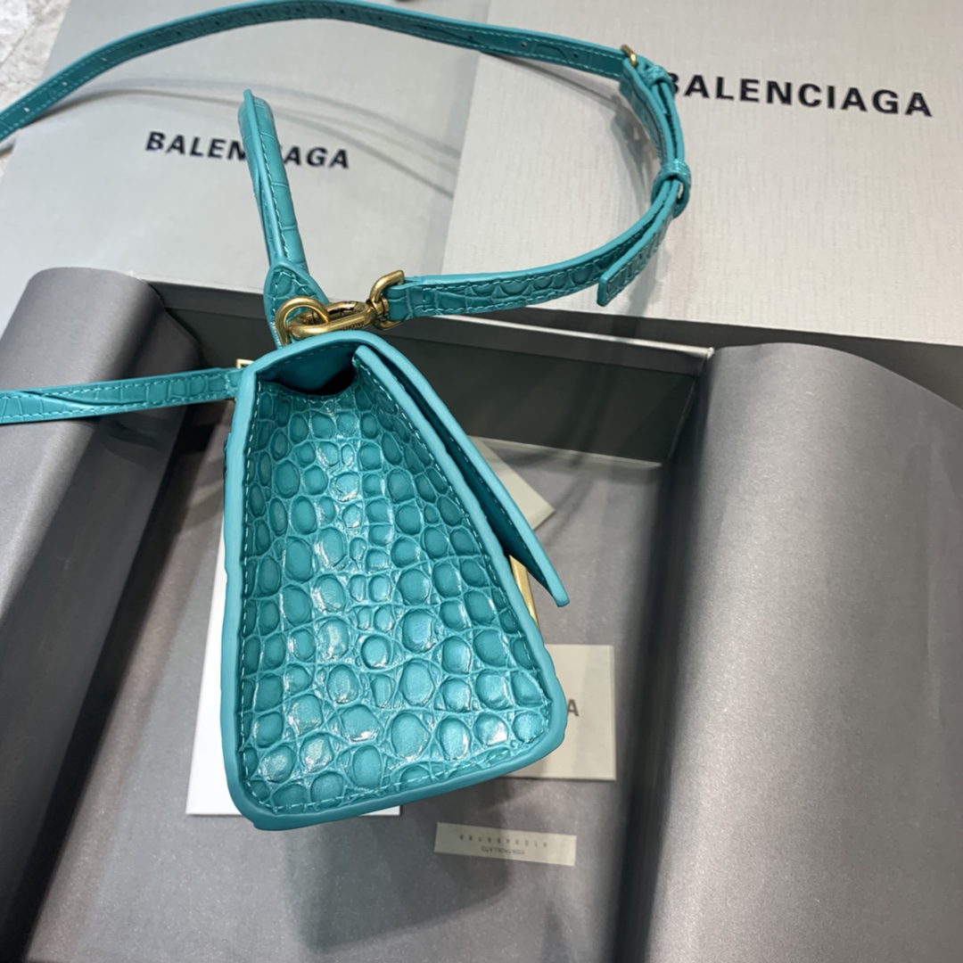 Balenciaga Hourglass XS Handbag Crocodile Embossed Shoulder Bag Green Blue